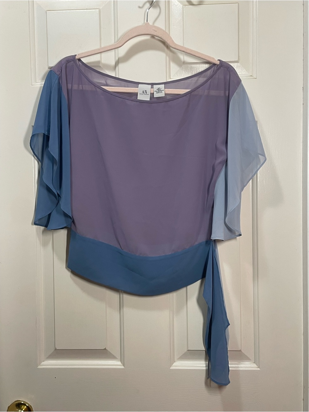 Women’s Armani Exchange Sheer Lavender and Blue Colorblock Flutter Sleeve Top XS